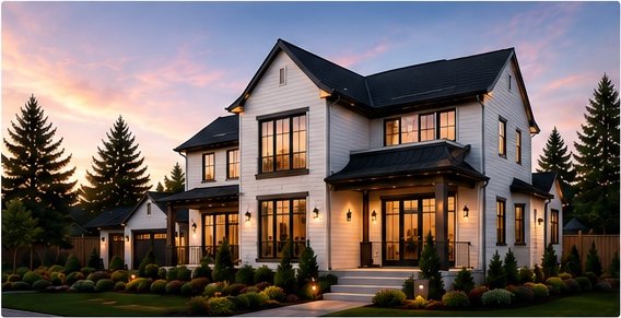 Two-story home at dusk with warm lighting in the windows and a landscaped front lawn