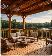 Covered deck with a timber pergola and outdoor seating