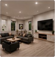 Living room with a fireplace and sectional seating